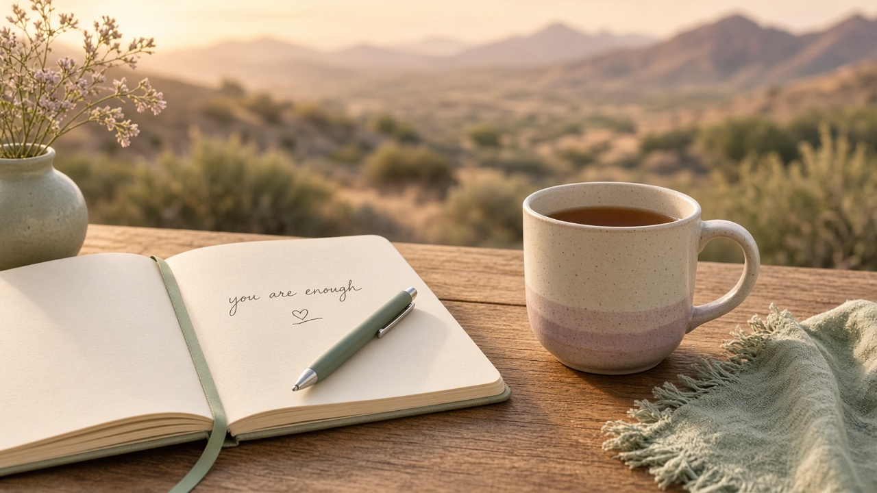 Open journal reading you are enough, with a pen and a mug of tea at a desert overlook